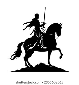 Vector silhouette A knight with sword on a horse black isolated on white