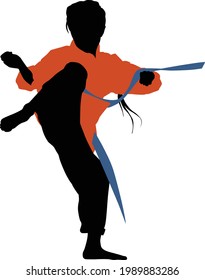 Vector silhouette. Kung fu girl. Oriental martial arts. Minimalistic flat style.