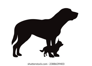 Vector silhouette of Labrador and Chihuahua on white background. Symbol of pet and dog.