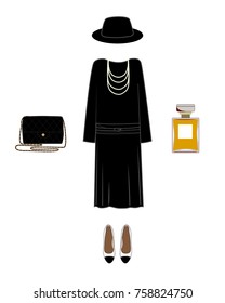 Vector silhouette of a lady classic image. Dress, shoes, hat, bag, and perfume