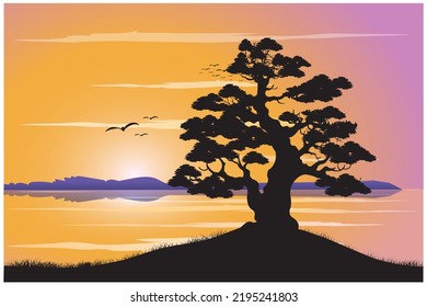 Silueta vectorial de una vista al lago por la noche.