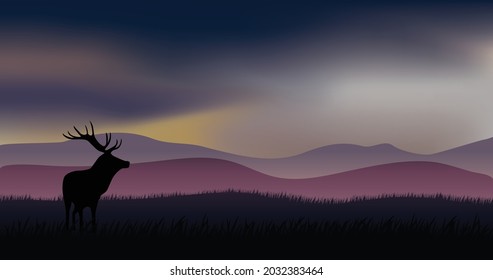 Vector silhouette landscape illustration of a deer in a meadow with aurora in the sky