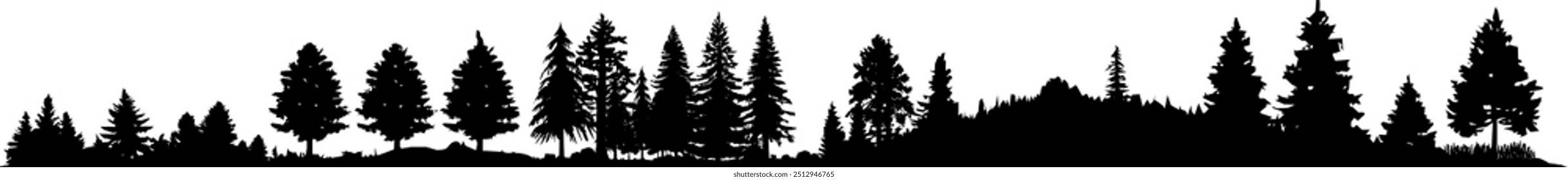 Vector silhouette - Landscape with mountains trees forests hills and bushes - Beautiful nature - time out and relaxation