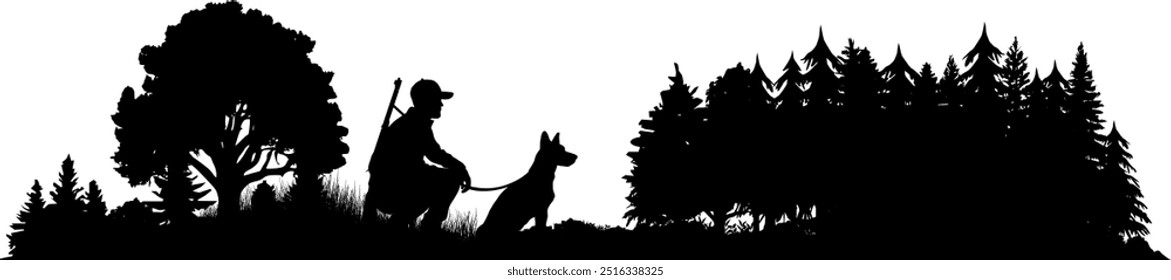 Silhueta vetor paisagem e natureza - caçador com cão na borda da floresta com rifle em posição agachada enquanto perseguindo - árvores, abetos e arbustos