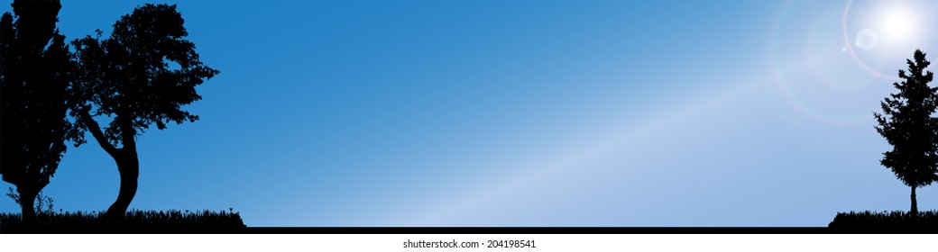 Vector silhouette landscape with trees and sun.