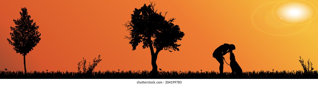 Vector silhouette landscape with trees at sunset.