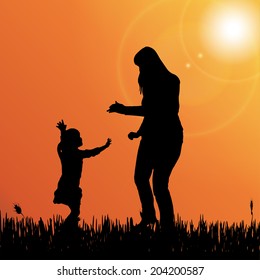 Vector silhouette landscape with trees at sunset.
