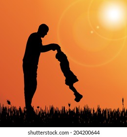 Vector silhouette landscape with trees at sunset.