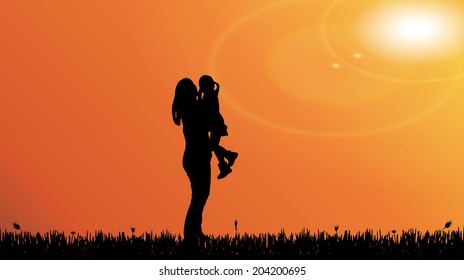 Vector silhouette landscape with trees at sunset.
