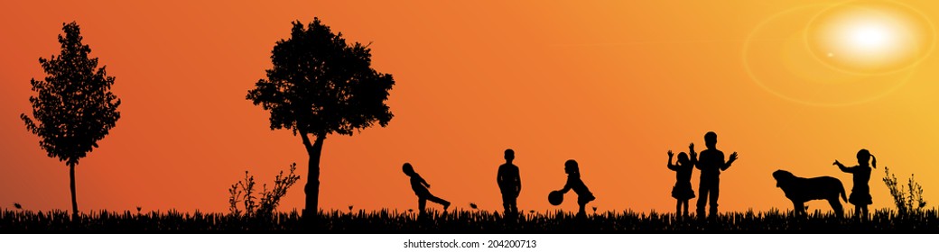 Vector silhouette landscape with trees at sunset.
