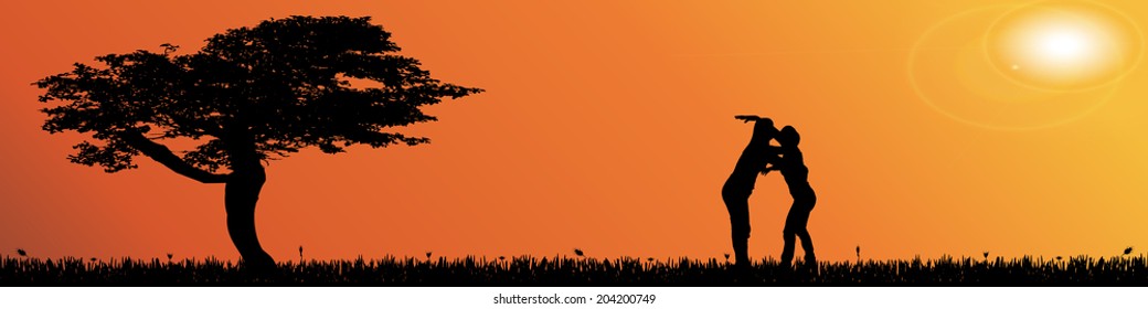 Vector silhouette landscape with trees at sunset.