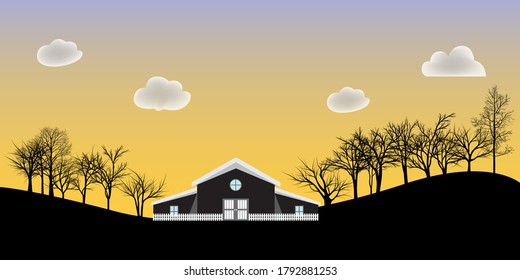 vector silhouette landscape village farm