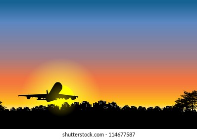 Vector silhouette of a large airplane leaving the city at sunset.