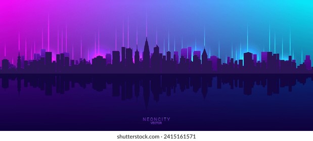 Silueta vectorial de una gran ciudad costera. El neón brilla y rayas. Gran ciudad al estilo ciberpunk. Paisaje urbano. Pancarta muy brillante. Fondo de escritorio o fondo.