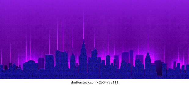 Vector silhouette of a large digital city. Pink neon glow and rays. Big town in cyberpunk style. Futuristic cityscape. Wide bright banner. Wallpaper or background.