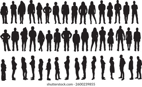 vector; silhouette of large group of people front,back and side view