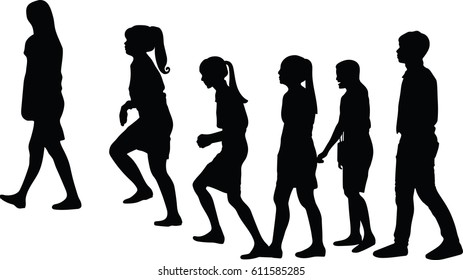 vector silhouette of Large  group of people walking in line