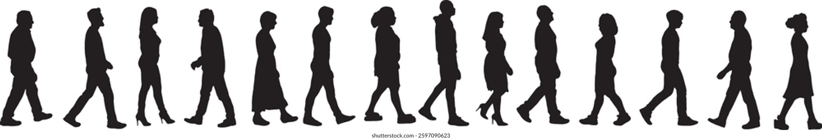 vector; silhouette of a large group of women and men walking