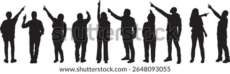 Vector; silhouette of a large group of women and men pointing up