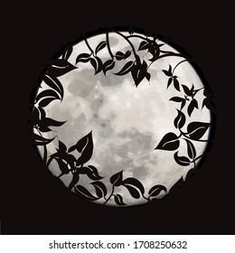 Vector silhouette of leaves with moon background. Symbol of night.