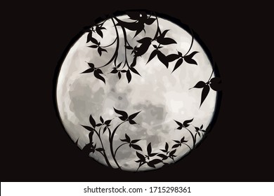 Vector silhouette of leaves with moon background. Symbol of night.