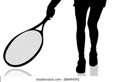 Vector silhouette of legs woman who plays tennis.