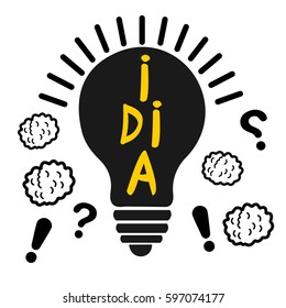 Vector silhouette of the light bulb with the word "Idea". Cartoon brains.