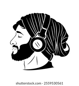 Vector silhouette, line art of handsome man wearing headphones and head covering