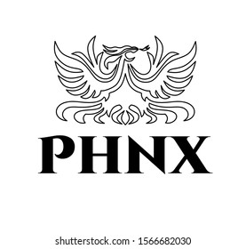 Vector silhouette line art logo design of black outline fire flaming phoenix bird with open wings,fiery tail and tongue.Luxury eagle drawing for your company or t shirt print with text "PHNX".