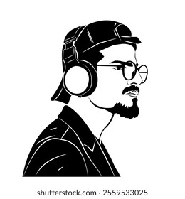 Vector silhouette, line art of man wearing headphones