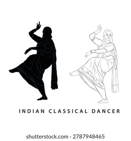 A vector silhouette and line drawing of Indian dancer, Vector art of Bharatanatyam pose, An illustration of South Indian woman