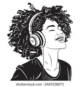 vector silhouette and lineart of men and women listening to music using headphones