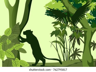 Vector silhouette of lion leaning on tree, tropical bird on tree, wildlife silhouette, vector