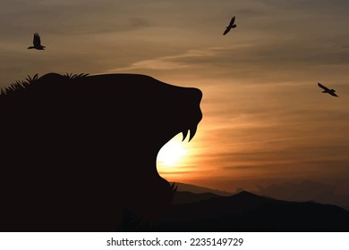 Vector silhouette of lion on sunset background. Symbol of savanna and Africa.