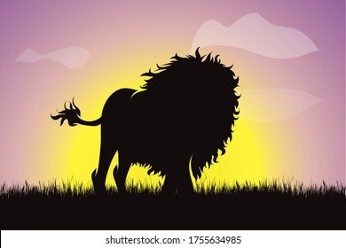 Vector silhouette of lion walking in the grass at sunset. Symbol of nature.