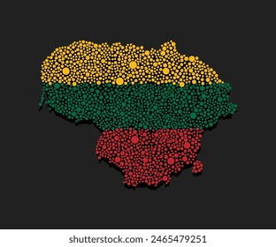 Vector silhouette Lithuania with national flag from color dots isolated on background. Abstract template map Europe country flag design, illustration, pattern, infographic, backdrop. Symbol Lithuania