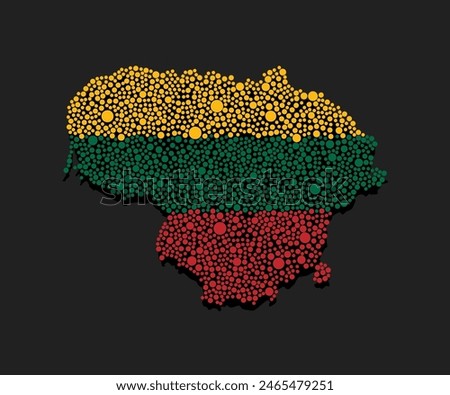Vector silhouette Lithuania with national flag from color dots isolated on background. Abstract template map Europe country flag design, illustration, pattern, infographic, backdrop. Symbol Lithuania