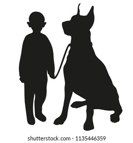 Vector silhouette of little boy with big dog on white background.