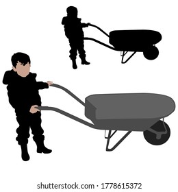 Vector silhouette of a little boy. A child in rubber boots drives a garden wheelbarrow. Isolated over white background. Autumn spring agricultural work