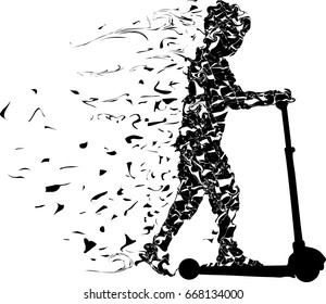 Vector silhouette of little boy Kid Rides on a Scooter. Flat Design Style. sport concept, Child outdoor activity fun
