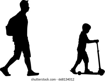 Vector silhouette of little boy Kid Rides on a Scooter with father walking