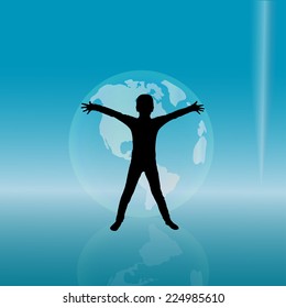 Vector silhouette of a little boy with planet.