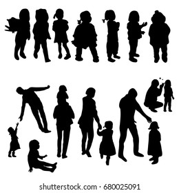 Vector silhouette of little girl 2-3 years old mom dad i family