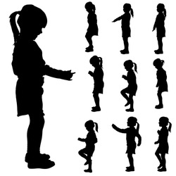 Vector Silhouette Of A Little Girl In Different Situations.