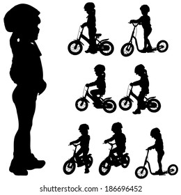Vector silhouette of a little girl in different situations.