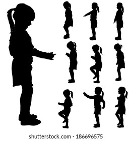 Vector silhouette of a little girl in different situations.