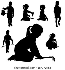 Vector silhouette of a little girl in different situations.
