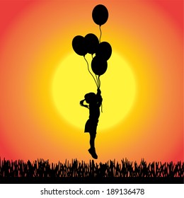 Vector silhouette of a little girl on a orange background.