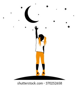 Vector Silhouette Of A Little Girl Reaching Moon And Stars On A White Background