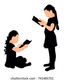 vector, silhouette little girl reading a book